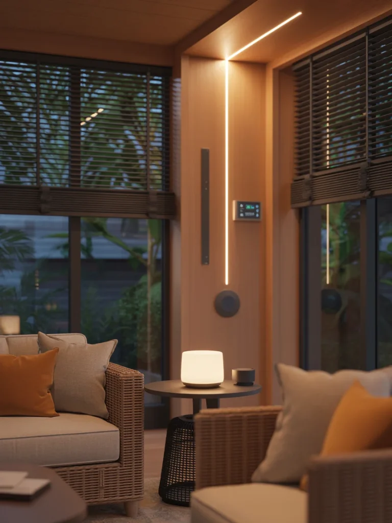 Sunroom with smart lighting, thermostat, and cozy ambient tech features