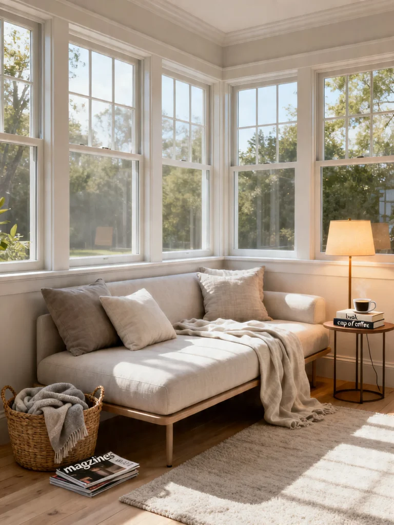 Cozy sunroom with upholstered daybed and soft neutral decor