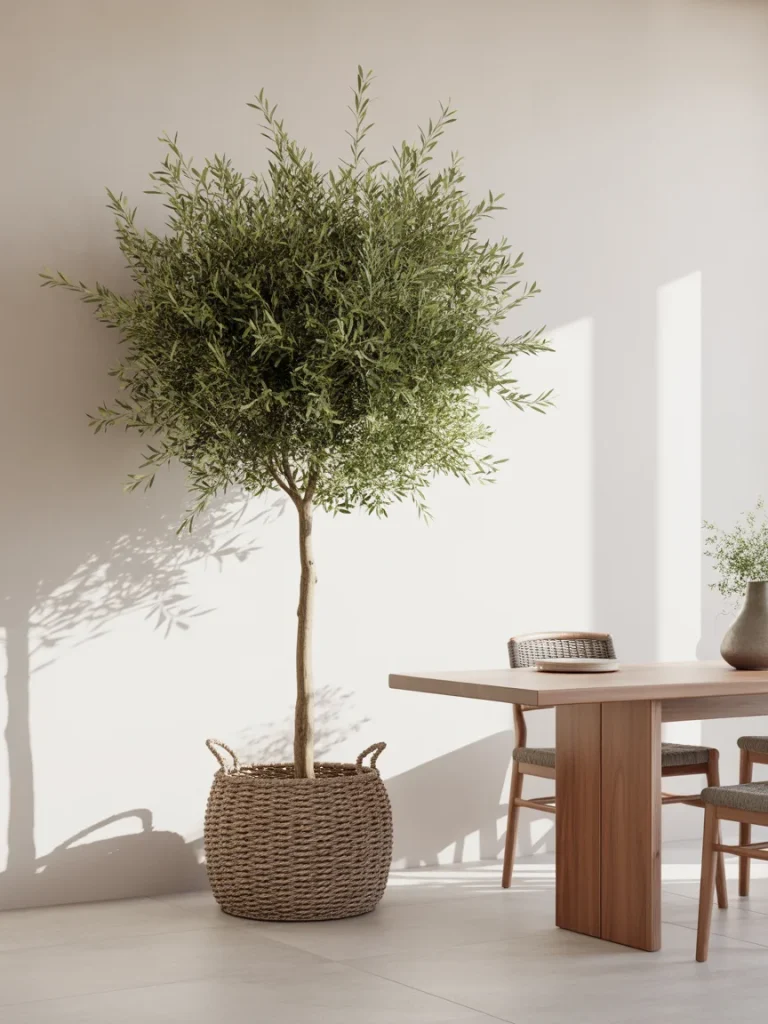 Oversized indoor plant in woven basket beside wooden dining table in modern boho dining room.