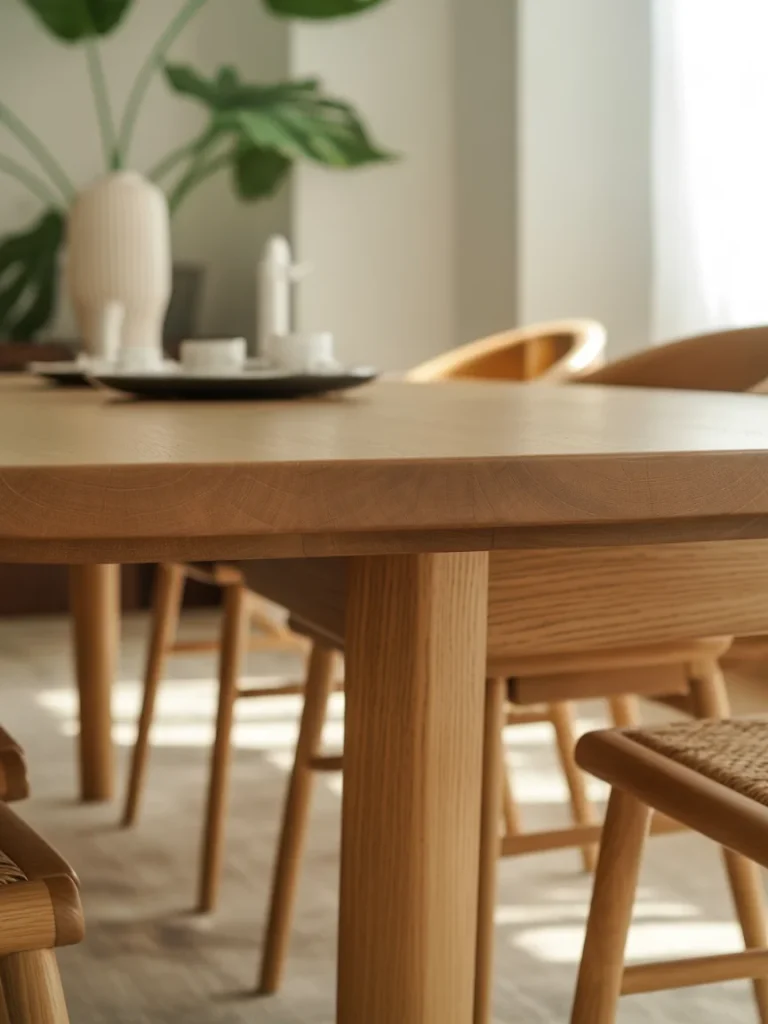 Solid wood dining table with natural finish and woven chairs in a modern boho dining space.