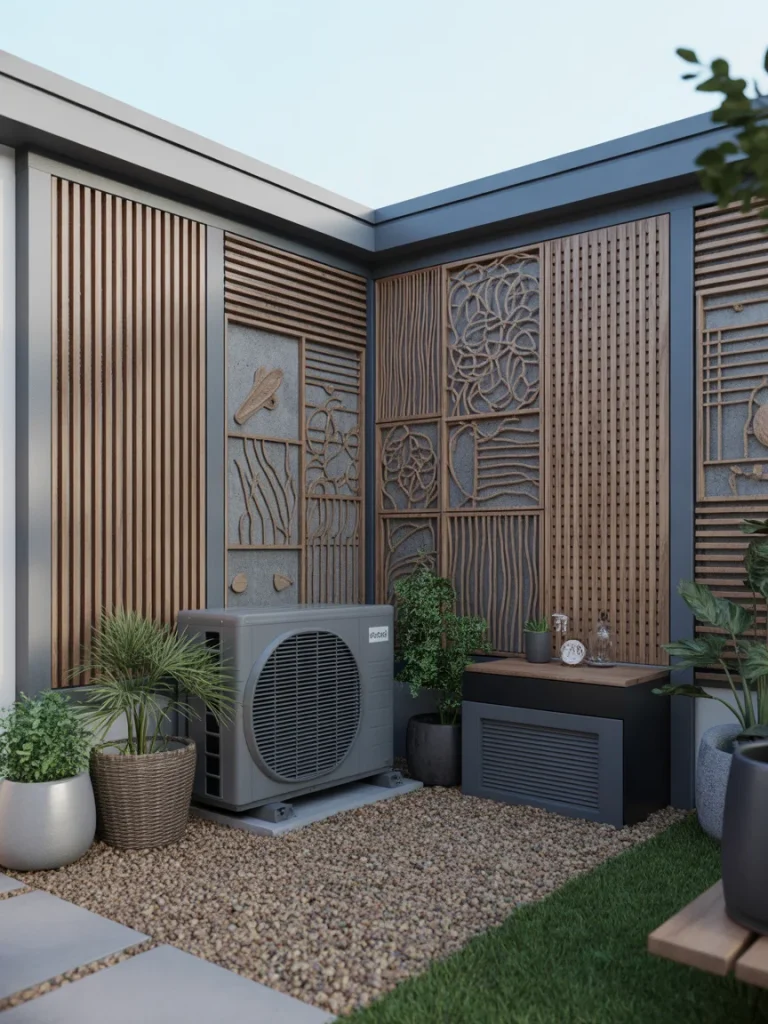 Decorative privacy screens hiding outdoor unit with modern slatted panels and artistic design.