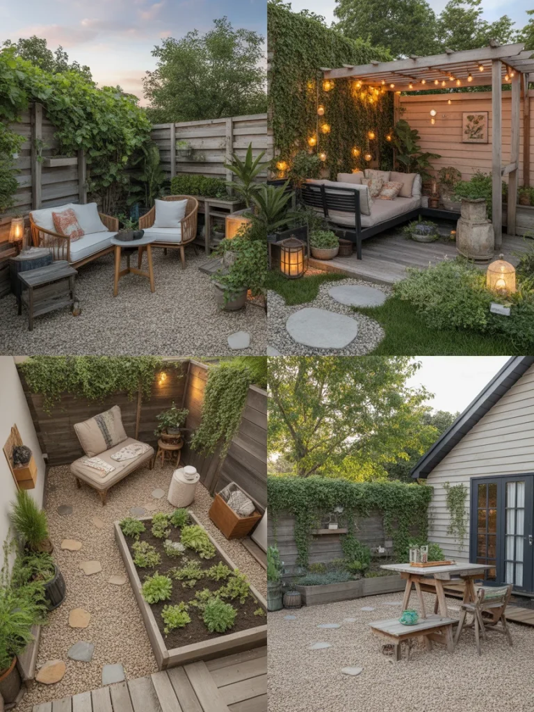 Back corner yard ideas collage with cozy seating areas, pergola lighting, small garden beds, and modern outdoor decor.
