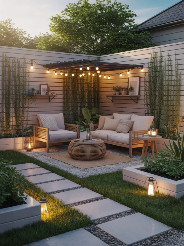 Cozy back corner yard seating area with pergola, string lights, modern patio furniture, and lush greenery.
