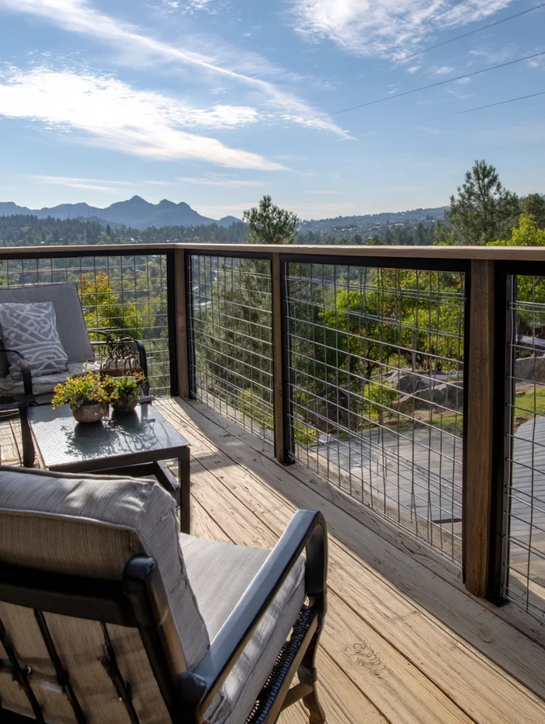 Deck with hog wire guardrail and wood posts overlooking scenic mountain landscape.