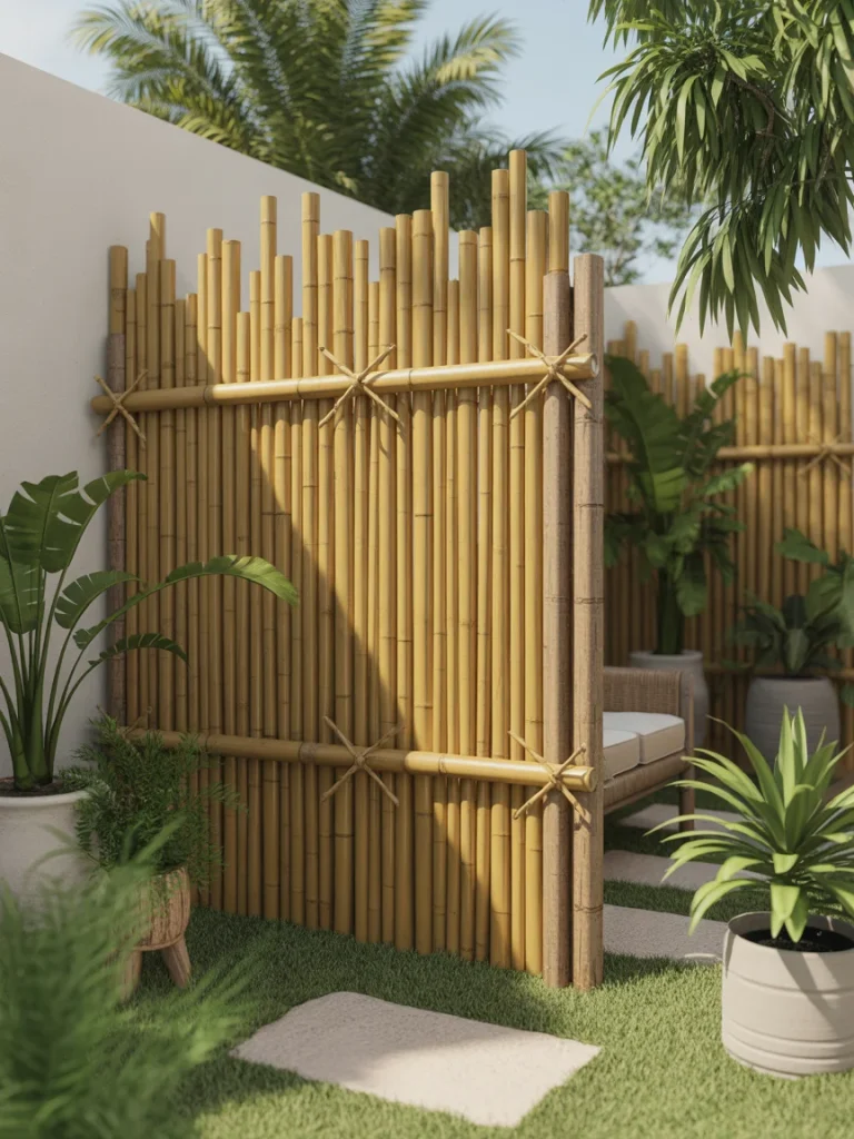 Bamboo reed fence panels creating a natural backyard privacy screen