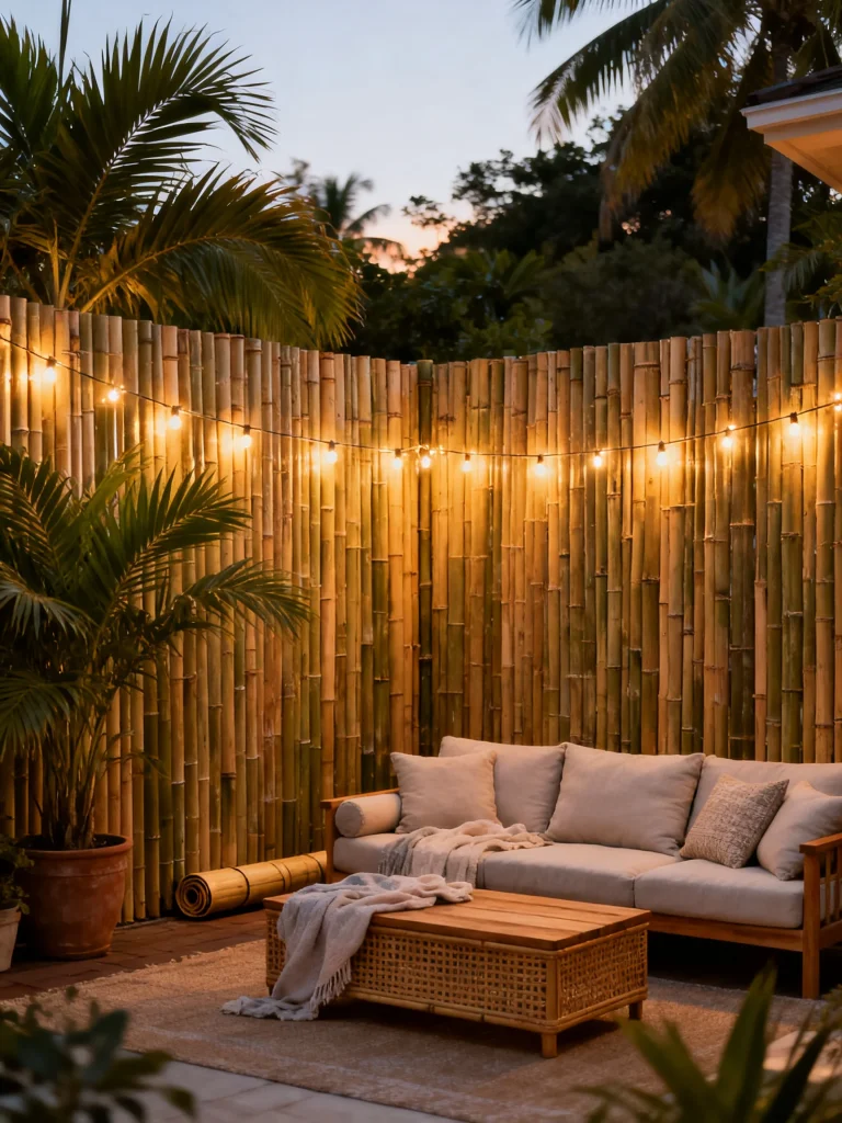 Bamboo privacy screen with string lights and cozy outdoor seating area