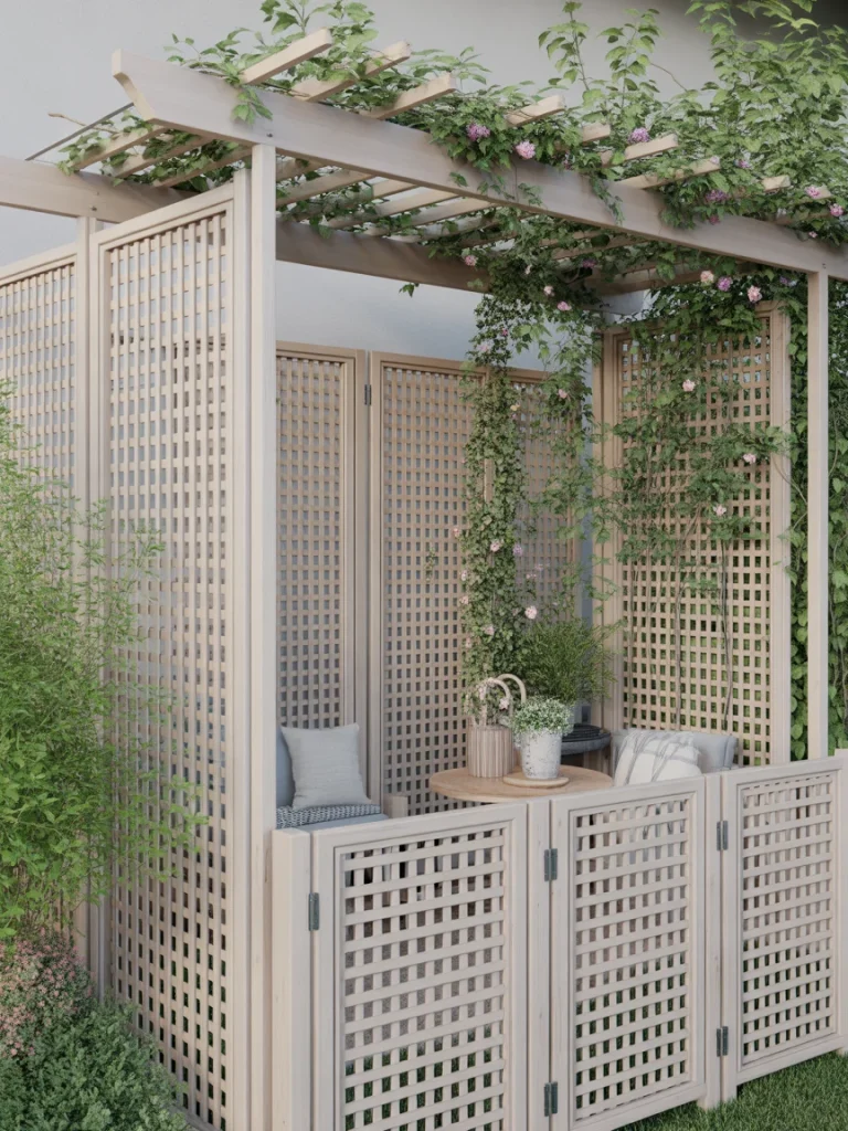 Budget lattice screen panels with pergola creating a cozy garden seating area