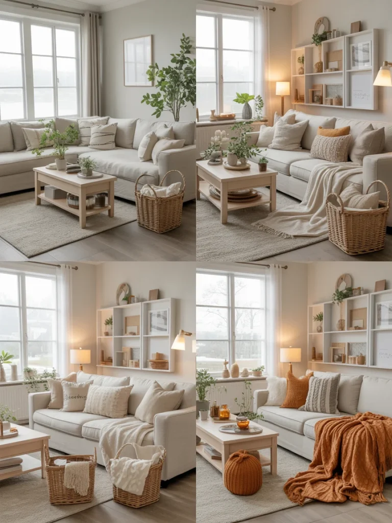 Sunroom styled with seasonal decor swaps including pillows, throws, and accessories