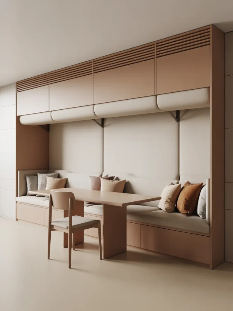 Built-in banquette seating with storage and table in a modern space-saving dining nook.