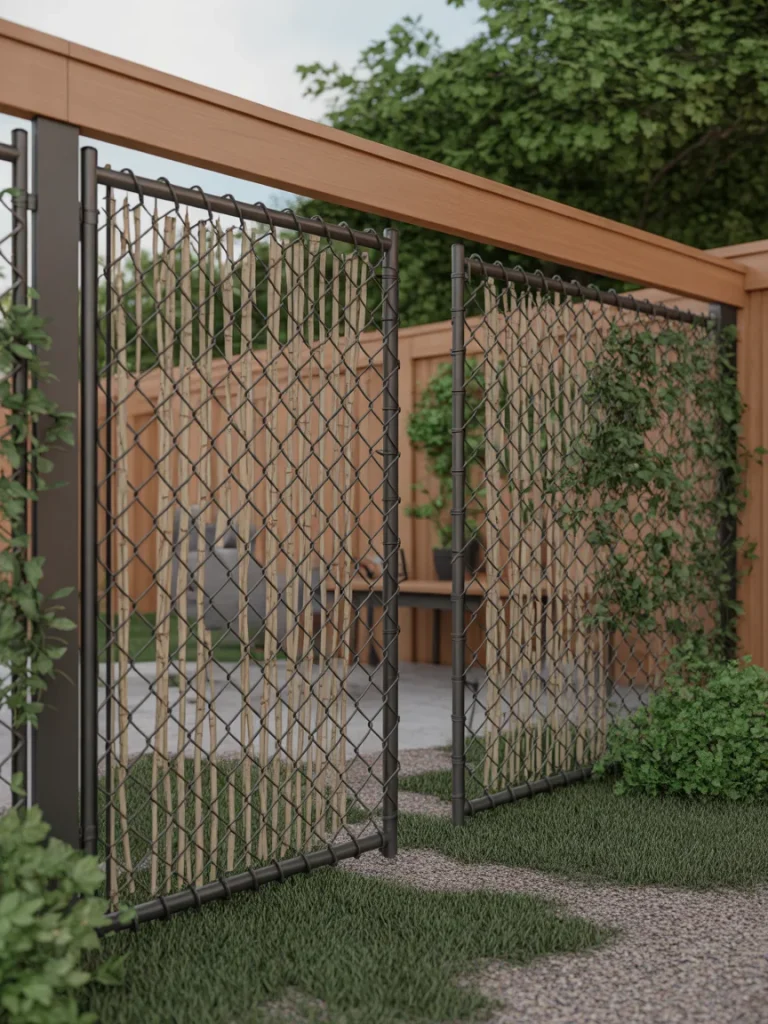 Chain-link fence upgraded with wooden slats for added privacy and style