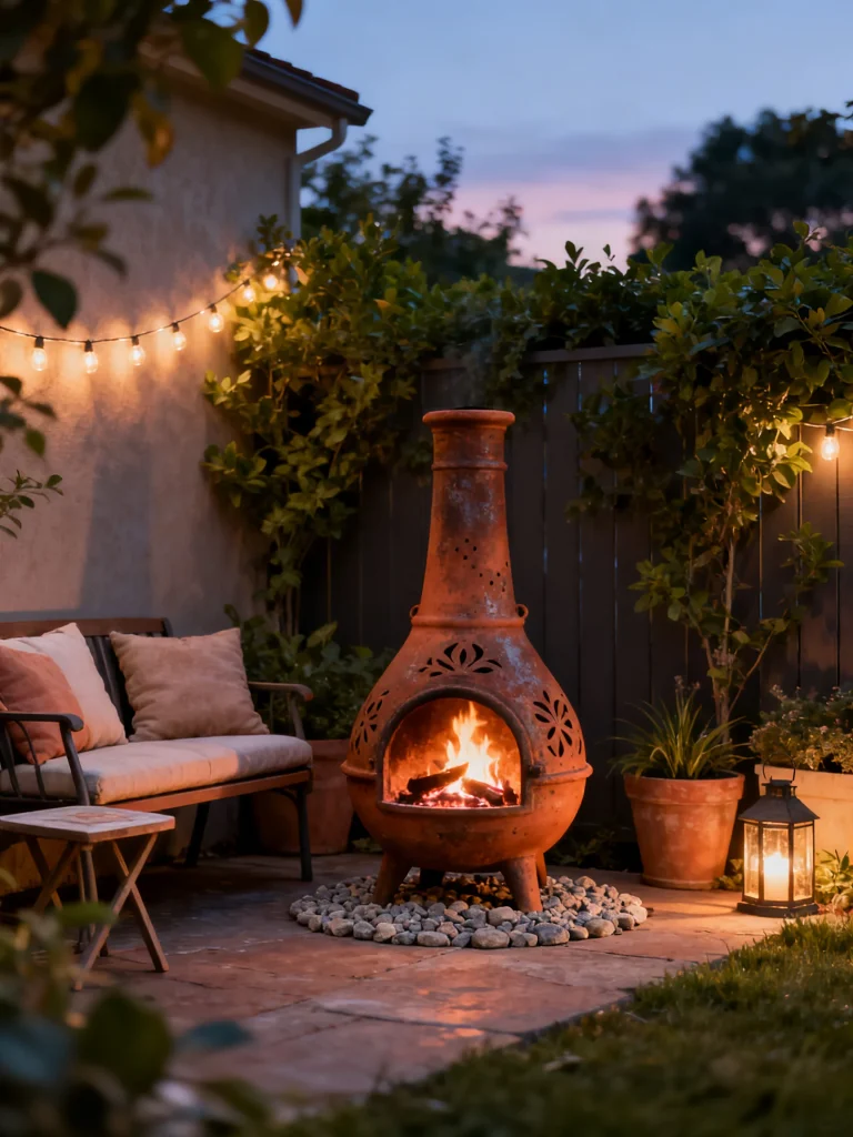 Chiminea fire pit in a cozy backyard corner with seating and string lights