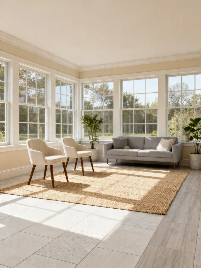 Sunroom with durable tile flooring and natural fiber rug