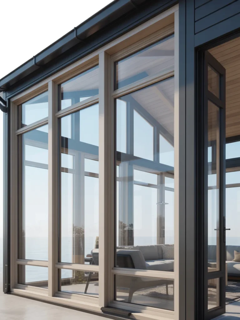 Modern sunroom with high-performance glass windows and energy-efficient frames