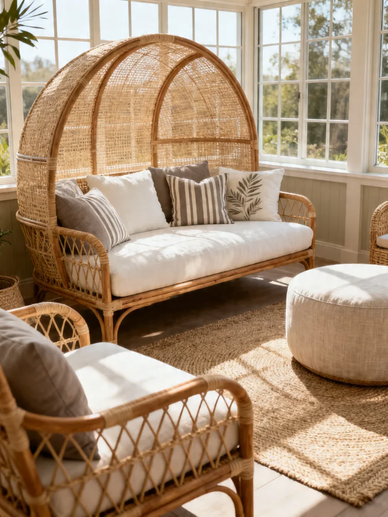 Sunroom with natural rattan seating and soft neutral cushions