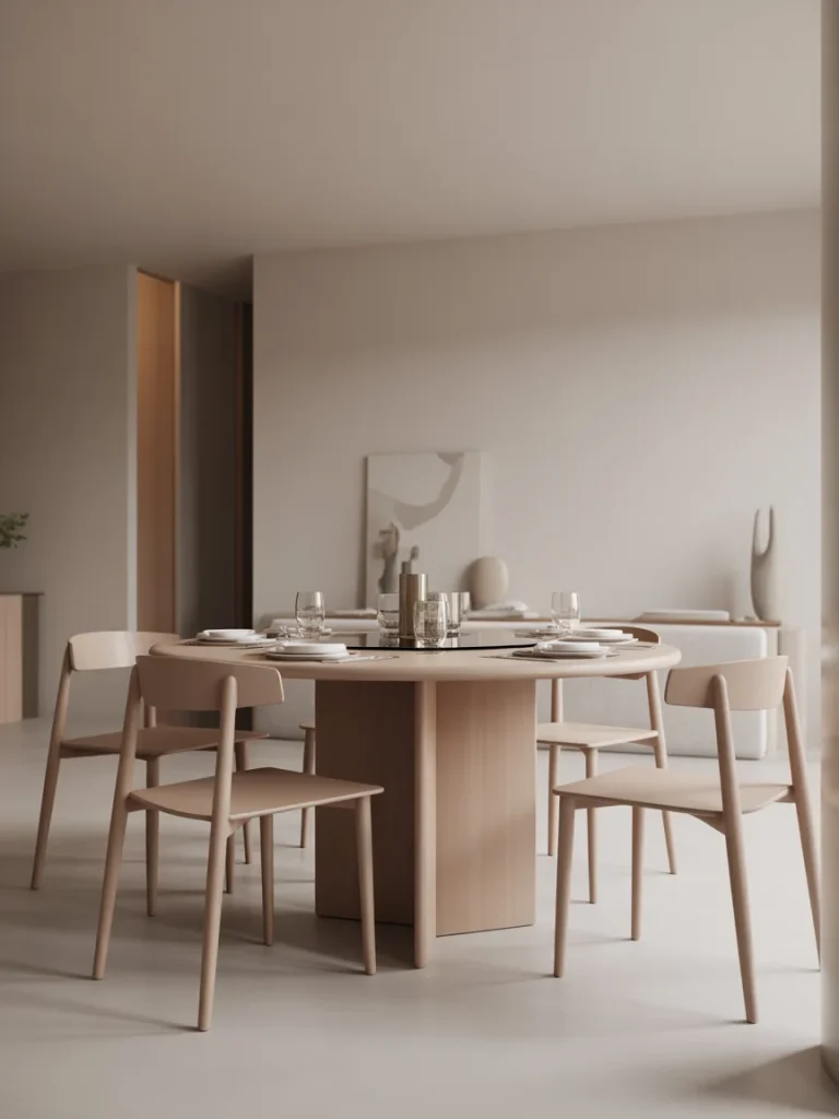 Round wooden dining table with four chairs in a minimalist neutral dining room.