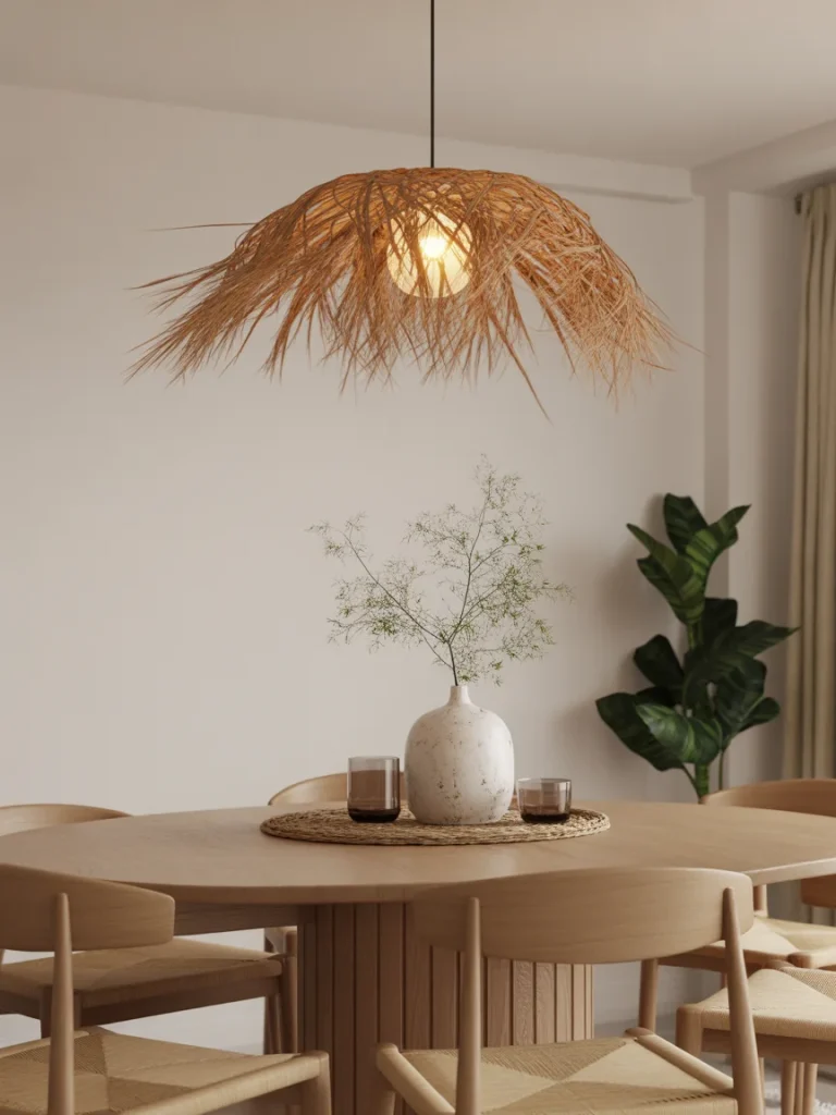 Organic statement pendant light above round wooden dining table in modern boho dining room.