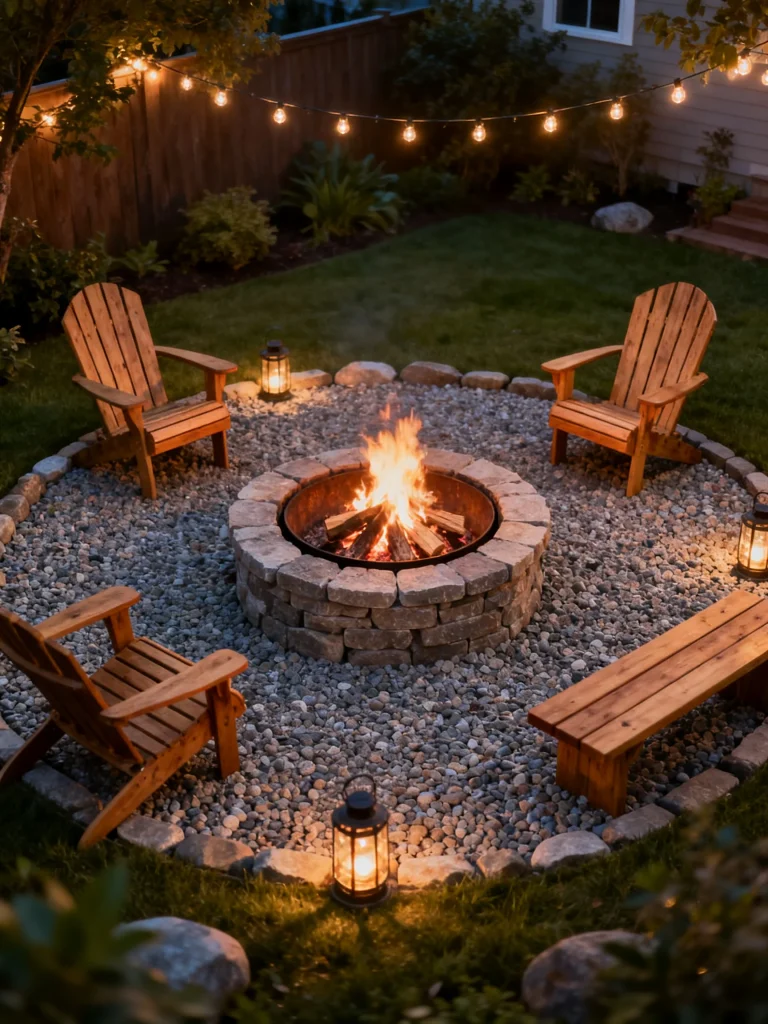 Classic gravel fire pit with wood-burning ring and Adirondack chairs in backyard