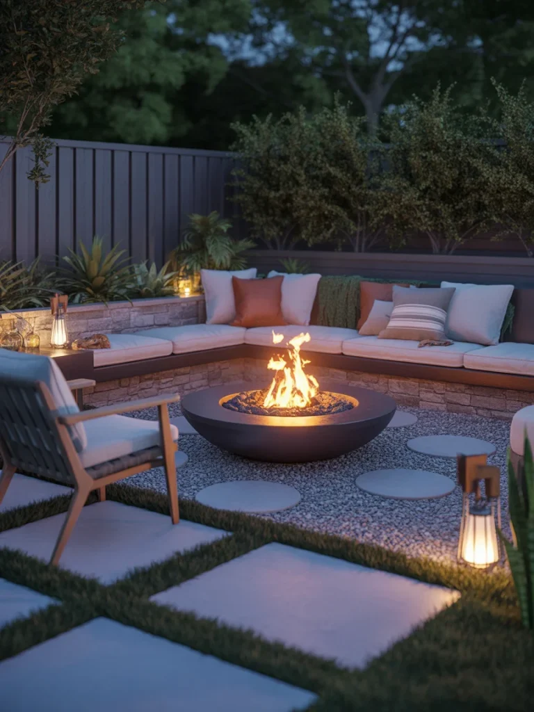 Modern corner fire pit lounge with built-in seating, gravel ground, and soft outdoor lighting at night.