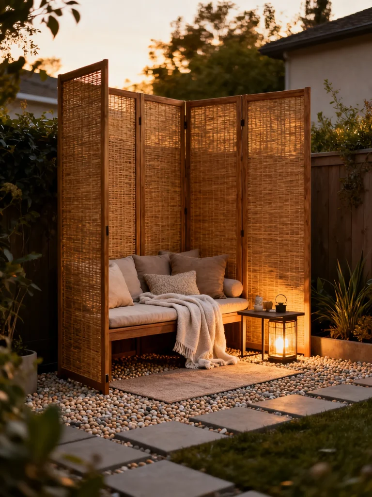Cozy backyard corner nook with folding screens, bench seating, and warm ambient lighting