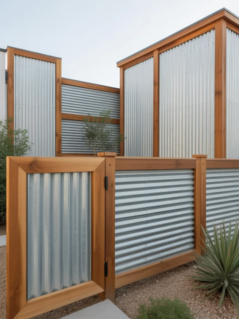 Corrugated metal fence panels with wooden frame in a modern backyard