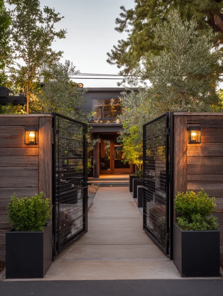 Modern courtyard entry gate with hog wire panels, steel frame, and warm outdoor lighting.