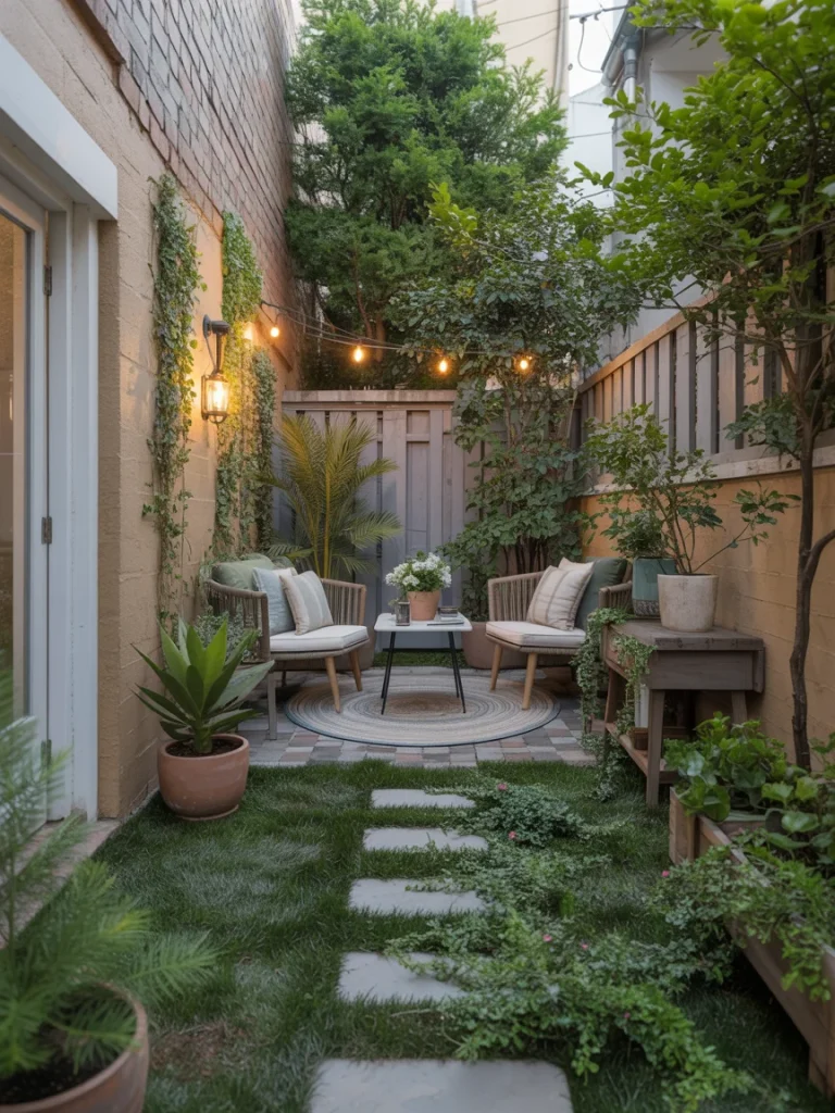 Cozy courtyard nook with seating, plants, and string lights in a small backyard