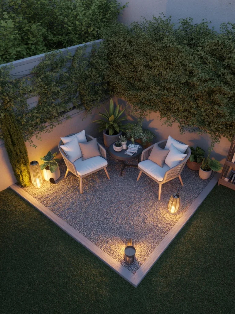 Cozy gravel patio nook with two chairs, small table, soft lighting, and lush greenery in a backyard corner.