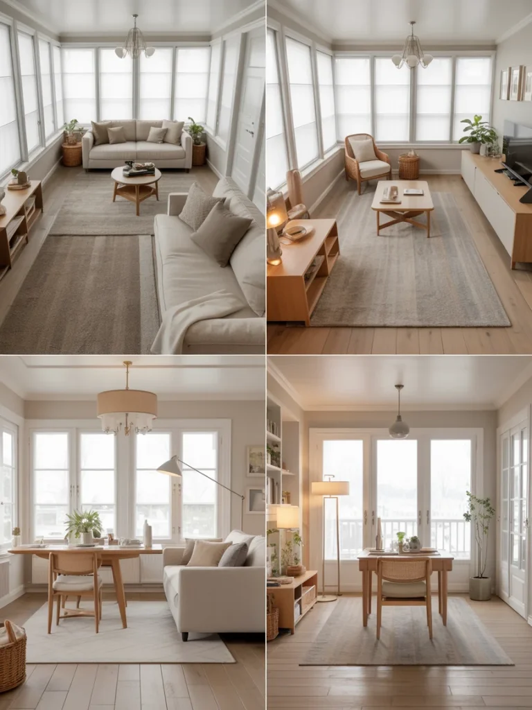 Sunroom divided into functional zones for lounging, dining, and working