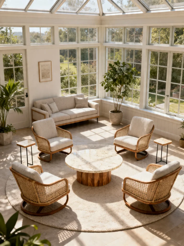 Sunroom with circular seating arrangement and rattan chairs around a coffee table