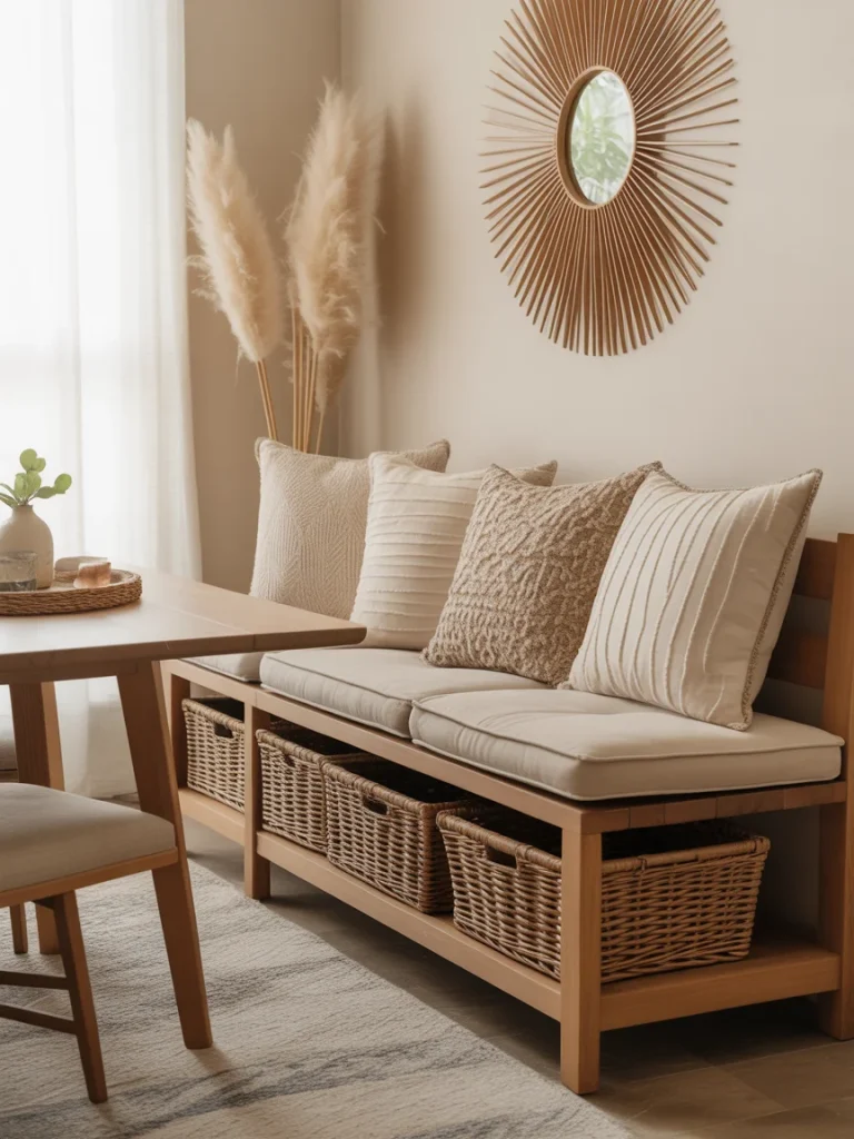 Cozy boho dining bench with neutral pillows, woven baskets, and natural decor.