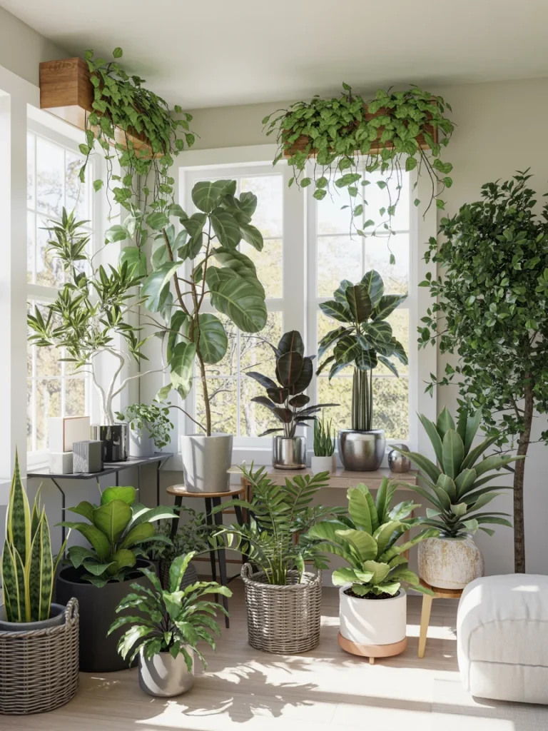 Sunroom filled with a variety of thriving indoor plants in pots and hanging planters