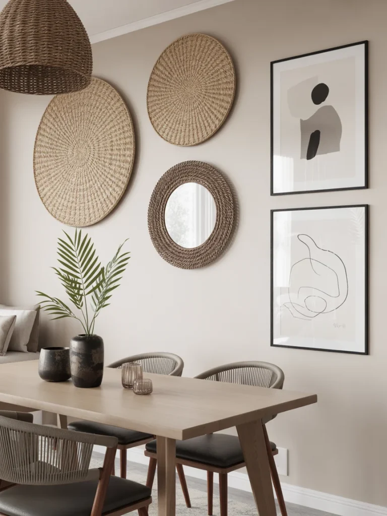 Modern boho dining room with woven wall baskets, framed art, and round mirror above wooden table.