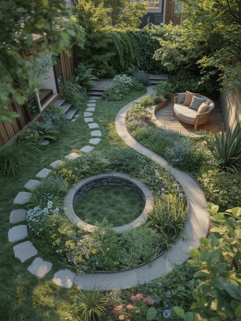 Curved garden paths with lush greenery, circular seating area, and hidden backyard nook
