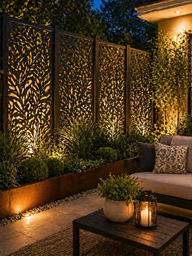 Decorative metal privacy panels with backlighting and cozy patio seating