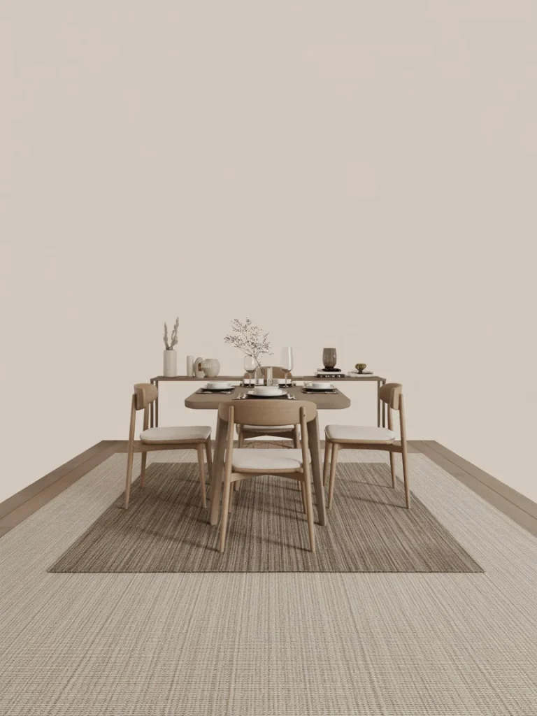 Dining table set on layered rugs defining the dining zone in an open space.