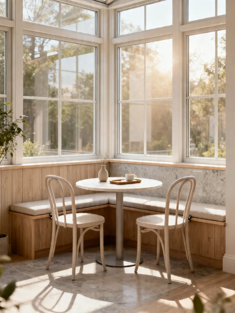 Sunny breakfast nook with round table and bench seating by large windows