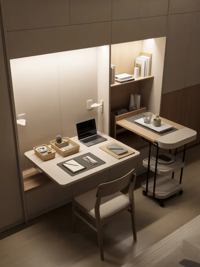 Compact dining and workspace combo with built-in desk, shelving, and multifunctional table.