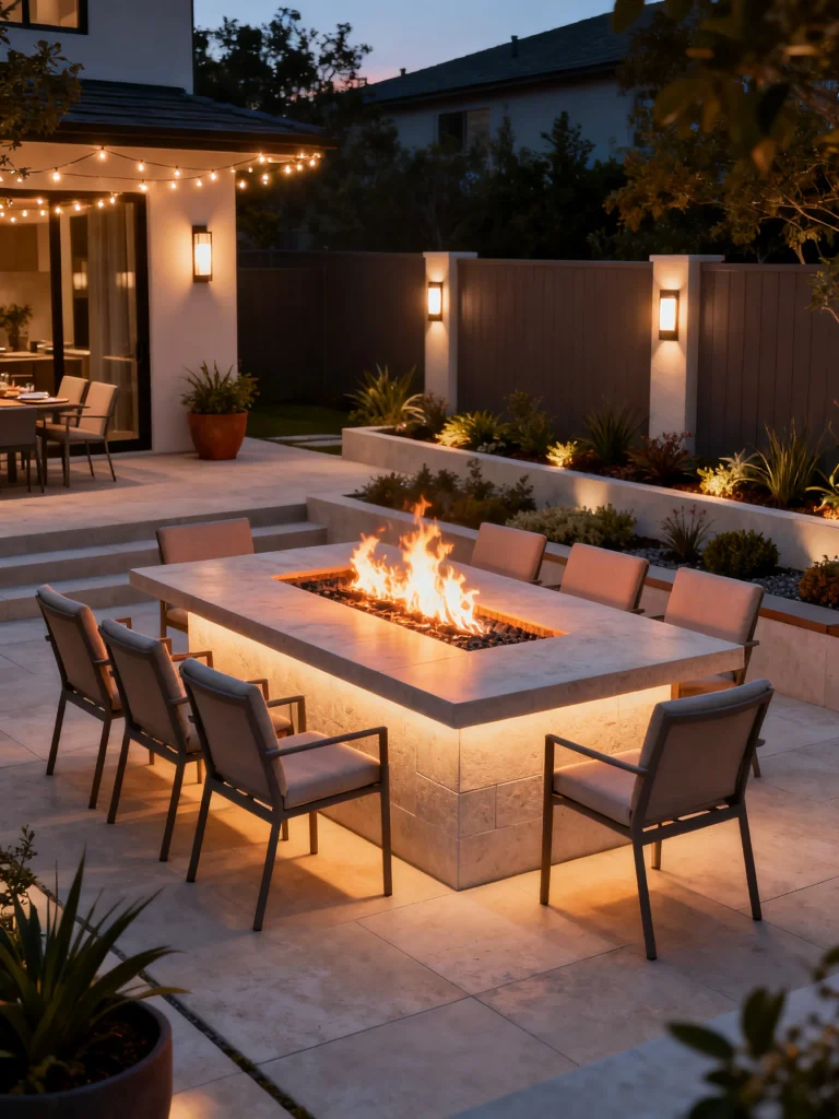 Outdoor dining table with built-in fire pit surrounded by modern patio chairs