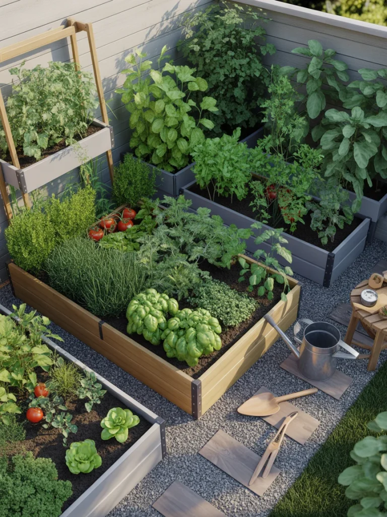 Edible garden corner with raised beds growing herbs, vegetables, and leafy greens.