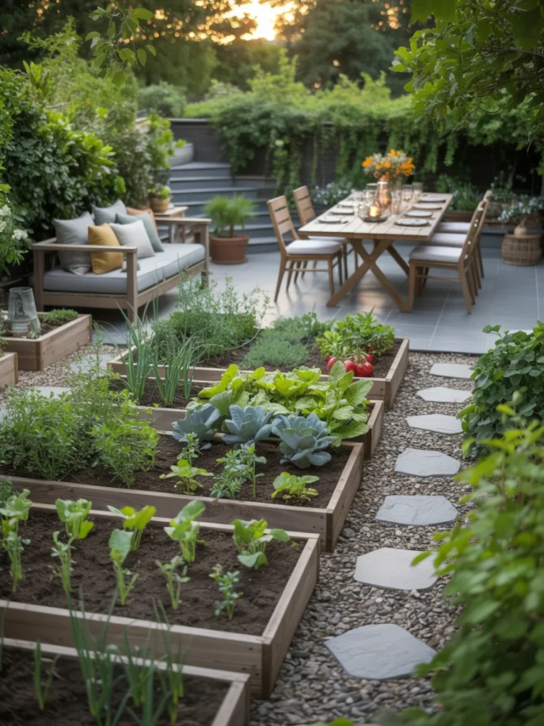 Edible garden with raised beds, stone path, and outdoor dining patio