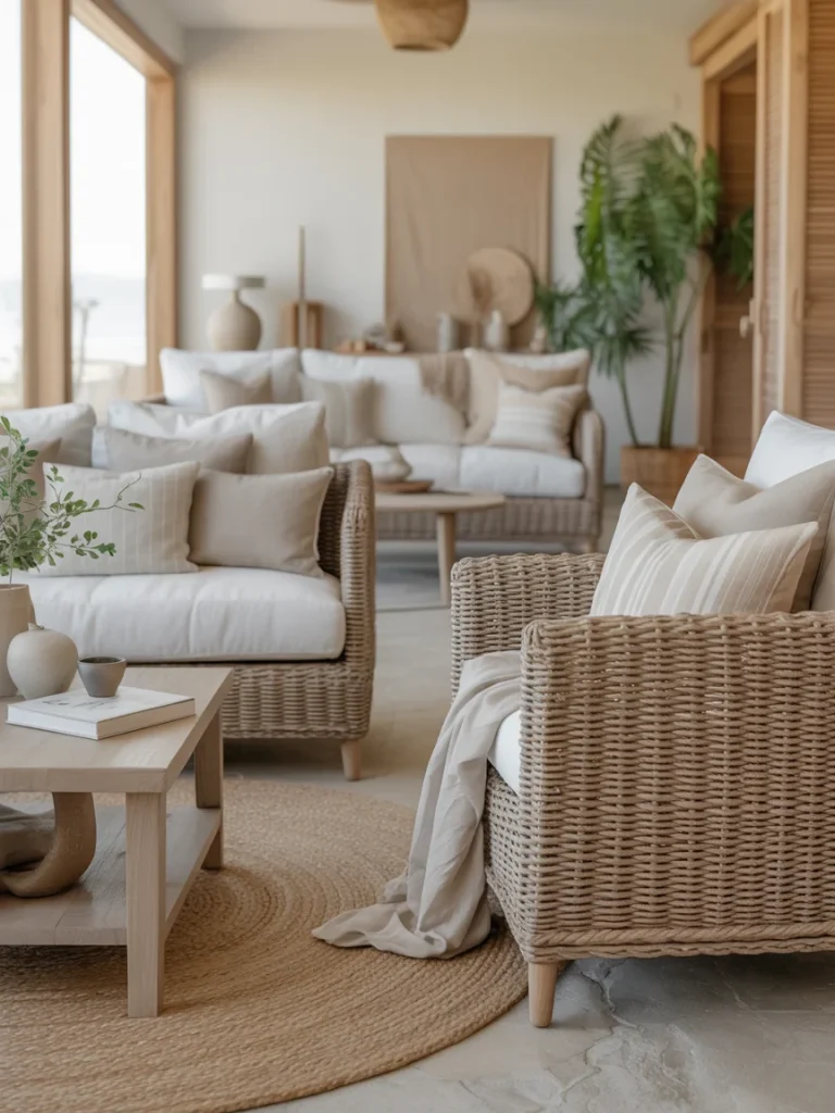 Sunroom with natural materials, wicker furniture, and a soft neutral color palette
