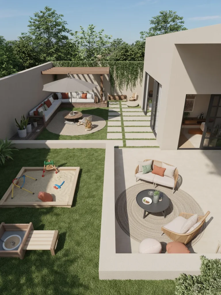 Family-friendly backyard with kids play area, patio lounge, and shaded seating space