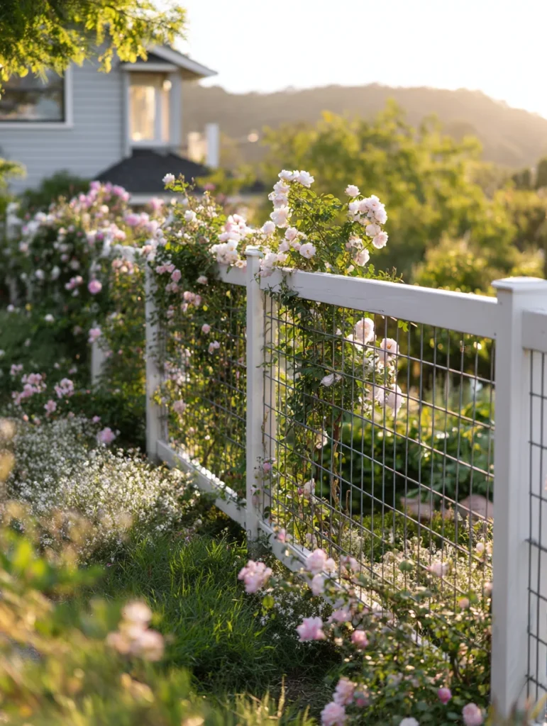 White farmhouse hog wire fence with climbing roses and garden landscaping.