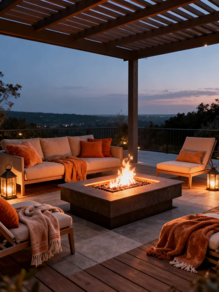 Fire pit coffee table on a covered patio with cozy seating and evening ambiance