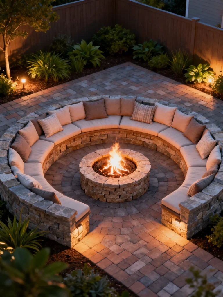 Circular fire pit with built-in stone bench seating and cozy outdoor cushions
