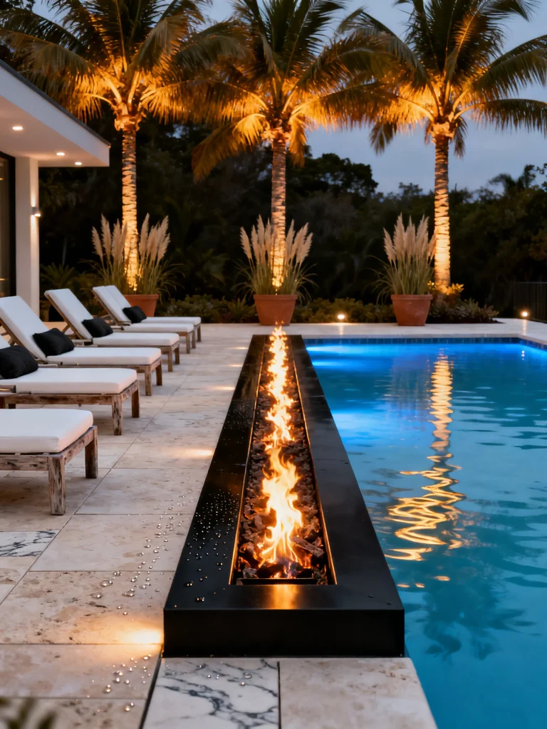 Linear fire feature beside a swimming pool with lounge chairs and palm trees at night