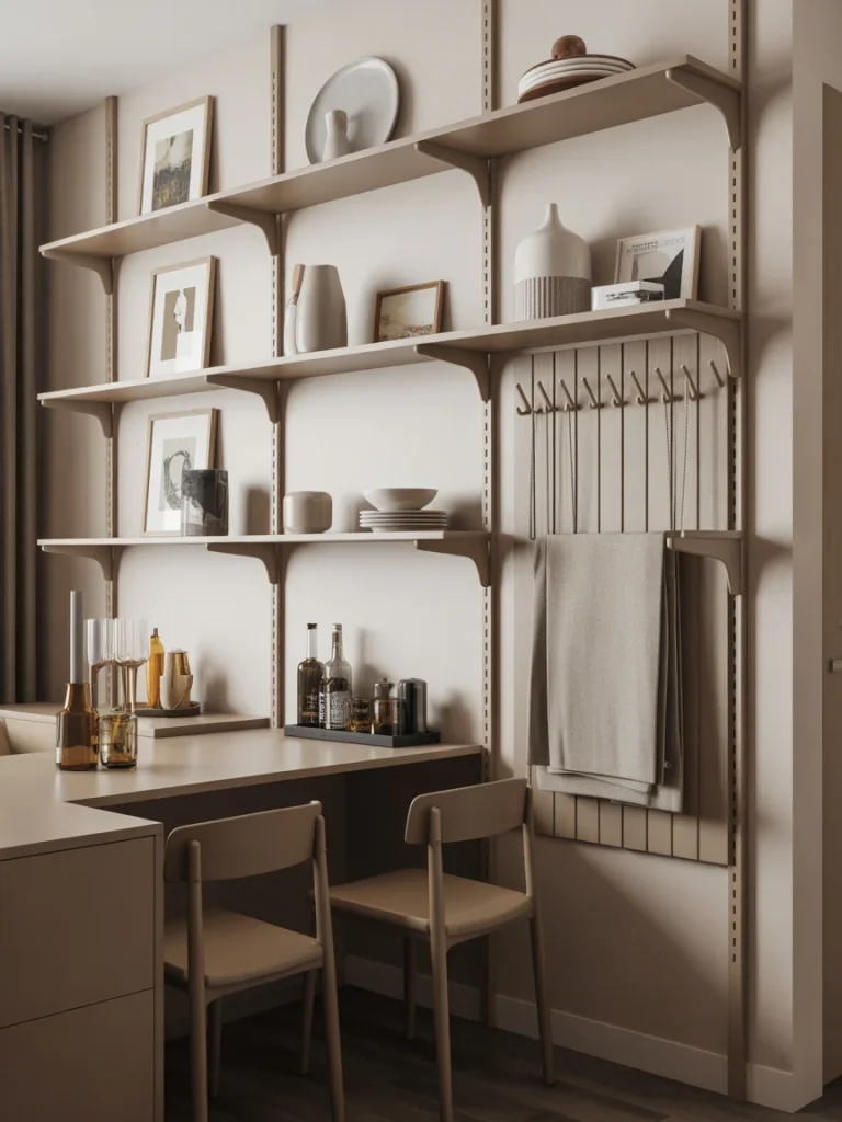 Vertical wall shelving with hooks above a compact dining area for stylish storage.