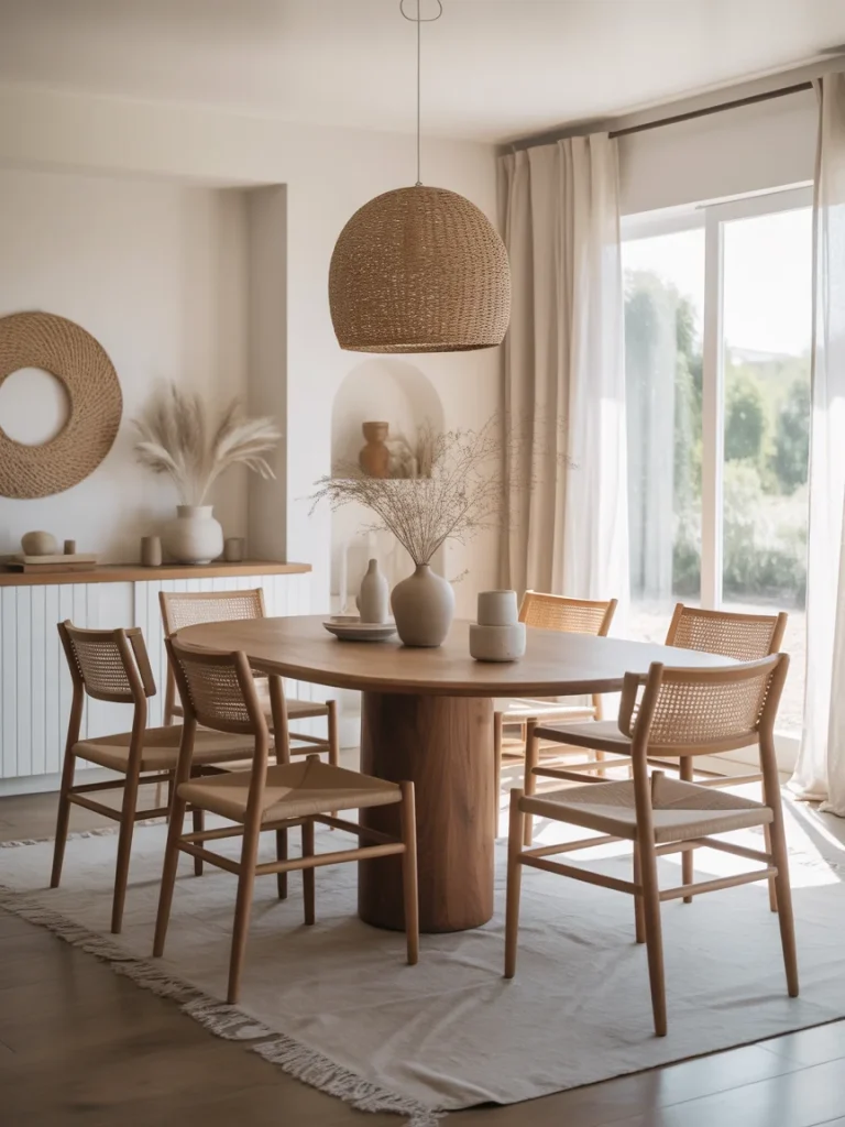 Neutral modern boho dining room with round wooden table, woven pendant light, and soft earthy decor.