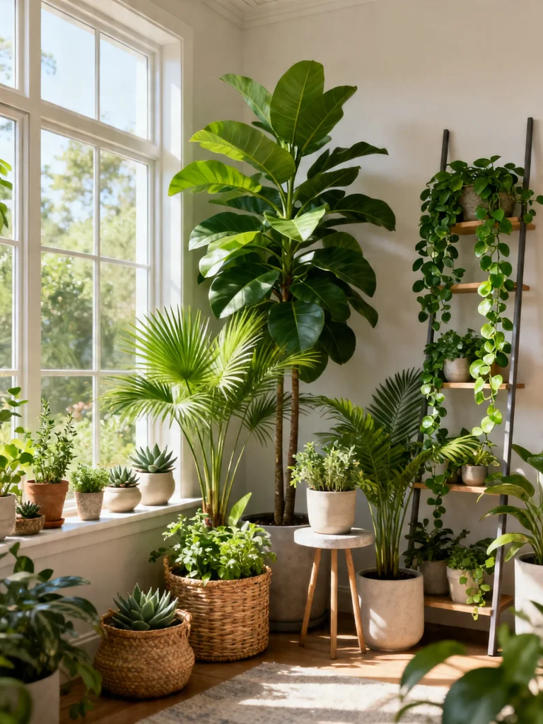 Indoor green oasis with easy-care houseplants near a bright window