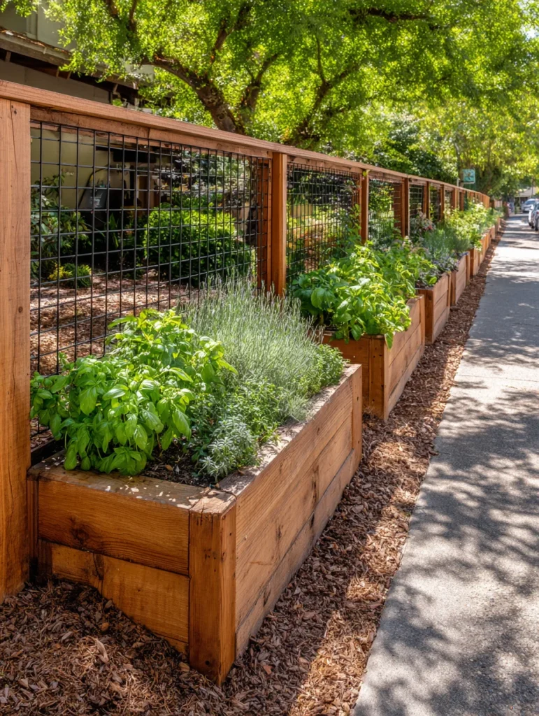 Hog wire fence with built-in wooden planter boxes filled with herbs along a sidewalk.